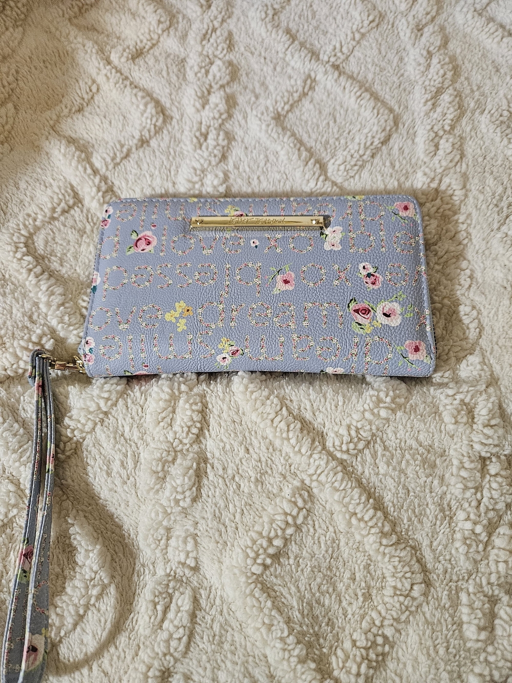 Betsy Johnson Pastel Blue Floral Zip-Around Wristlet with Gold Plate